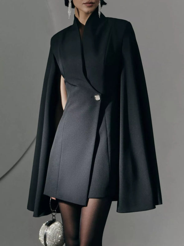 One Button Fitted Mini Blazer Dress with Cape Sleeves